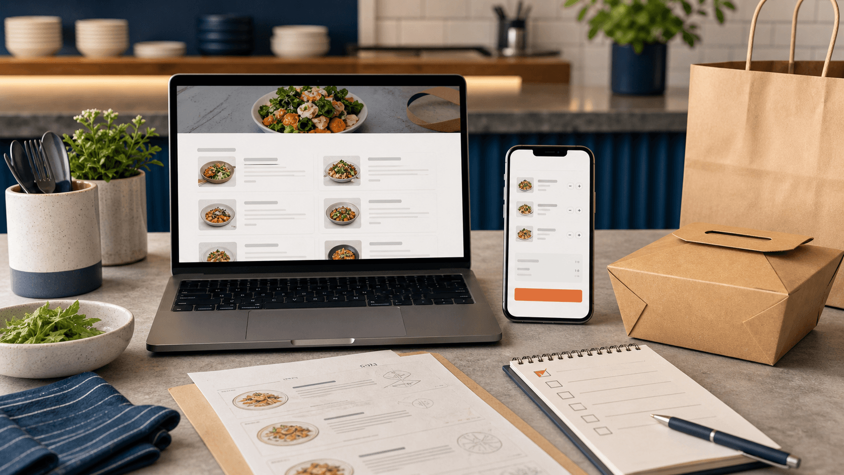 Editorial restaurant counter scene with a laptop menu page, phone order cart, takeout packaging, and notes for deciding whether to add online ordering.